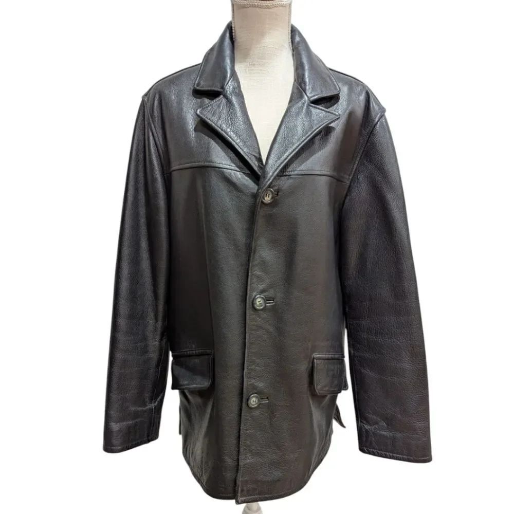 London Fog VTG Y2K Men's S Black Genuine Pebbled Leather Collar Button Jacket
